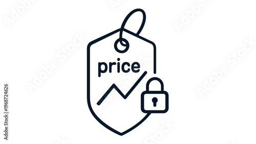 Minimalist vector icon illustration of a price tag with a rising graph and padlock, representing price lock, cost stability, secure pricing, and inflation protection for commerce and retail use.