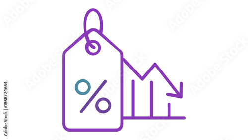 Modern gradient vector icon illustration featuring a price tag with a percentage symbol and a declining bar chart, symbolizing retail sales, price reductions, discounts, and market deflation.