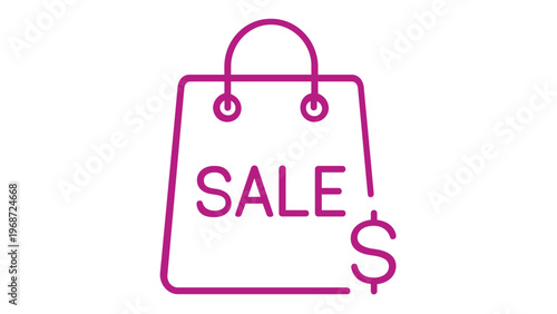 Vector icon illustration of a shopping bag with sale text and dollar sign in a modern teal and purple gradient line art style, perfect for e-commerce, retail promotions, and marketing designs.