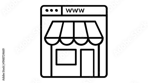 Professional online store and e-commerce web browser storefront vector icon illustration. Minimalist black line art design representing digital marketplace, retail website, and internet shopping.