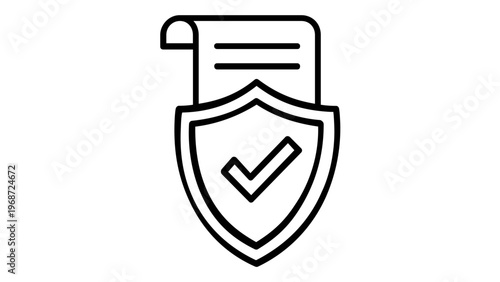 Secure subscription and policy verification line icon vector illustration, featuring a document with a protective shield and checkmark symbol for insurance, contracts, and digital safety.