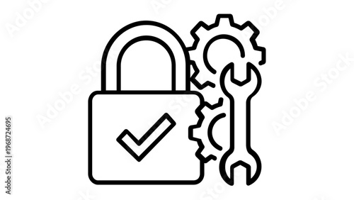 Flat vector icon illustration of a padlock with a checkmark, gears, and a wrench, representing secure subscription management, technical maintenance, system repair, and configuration settings.