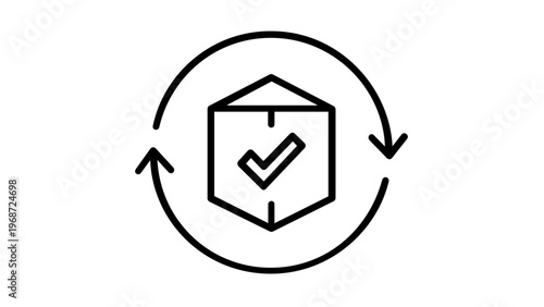 Warranty and return policy vector icon illustration featuring a cardboard box with a checkmark and circular arrows, representing product guarantee, exchange, and customer satisfaction.