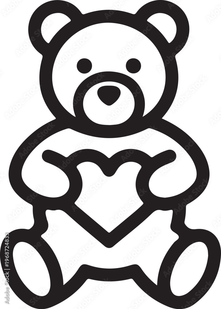 Obraz premium Cute teddy bear icon, black line art, heart shape, love symbol, vector illustration