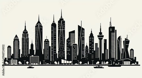 Dynamic Cityscape Silhouette Vector Illustration Featuring a Modern Metropolis Skyline with Towering Skyscrapers and Architectural Wonders, Representing Urban Development and Contemporary Life