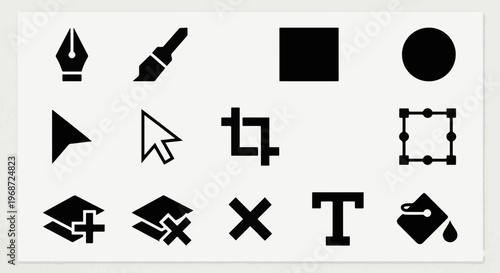 Modern vector icon set for digital design software, featuring a comprehensive range of graphic editing tools and user interface elements