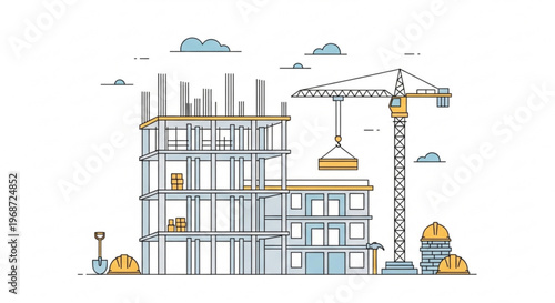 Construction site with building framework crane and workers under a sunny sky with clouds