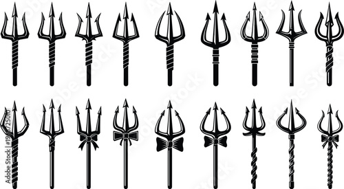 Trident and pitchfork silhouette collection with various handle designs and sharp points for mythology in cad drawing flat vector illustration.