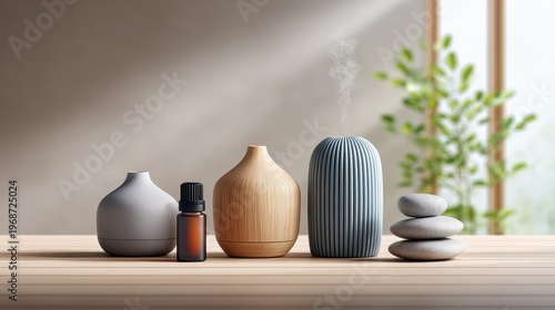 Elegant Aromatherapy Diffusers and Stones on a Wooden Surface