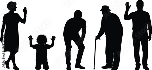 Diverse people silhouette collection with waving woman child kneeling and elderly man with cane in cad drawing flat vector illustration.