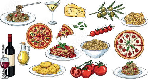 Italian Cuisine Vector Set with Pizza, Pasta, Wine, Cheese, and Olive Oil for Food, Mediterranean, and Culinary Designs