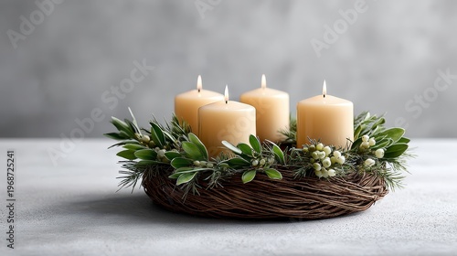 Elegant Candles Surrounded by Greenery in Minimalist Arrangement