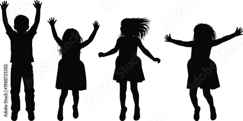 Happy jumping children silhouette collection with boys and girls playing in cad drawing flat vector illustration for school design projects.