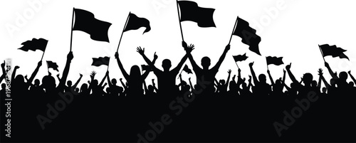 Crowd with flags silhouettes cheering protest or celebration rally people raising hands isolated on white background vector illustration