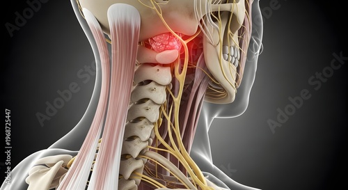 Anatomical view of the upper cervical spine and base of skull. Nerve entrapment and occipital neuralgia illustration. Detailed bone and nerve network in the human neck and head area