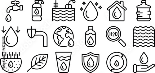 Water purification and ecology line icon set featuring plumbing faucet bottle globe recycling and environmental conservation symbols for professional business graphic design,
