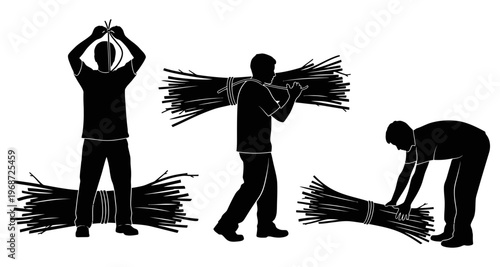 Farm Worker Silhouettes Tying and Carrying Hay Bundles Agricultural Labor Rural Harvest Vector Graphic