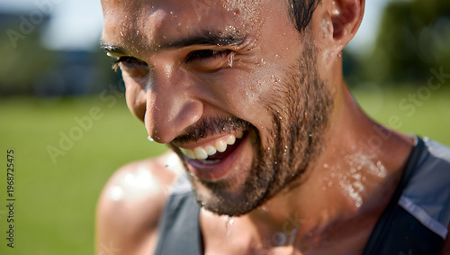 Close up shot of a sweaty man with a beard laughing outdoors in natural light during a workout session