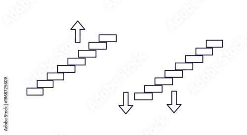 Minimalist diagram showing two sets of stairs with arrows pointing up and down, representing steps, progress, and directional movement of flow.