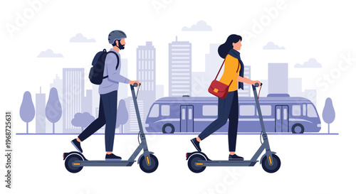 Man and woman riding modern electric scooters through a purple-toned city skyline with a bus and tall buildings in the background landscape.