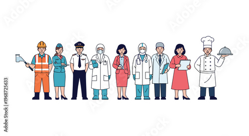 Diverse group of people representing various professions including a pilot, doctor, chef, and construction worker standing together in a line.