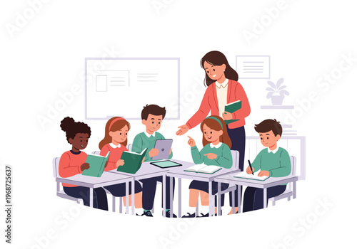 Flat style vector illustration of diverse elementary school children learning together in a bright classroom with teacher guidance, books and tablets in modern education
