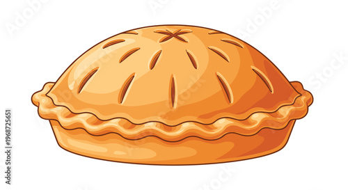 Delicious golden-brown baked pie with a flaky crust and steam vents on top, presented as a warm and inviting dessert illustration for recipes.