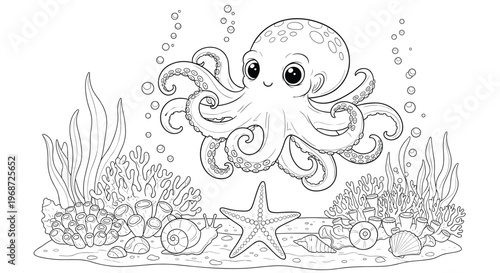Underwater scene coloring book page featuring a cute octopus surrounded by coral reefs, sea stars, seashells, and bubbles on the ocean floor.