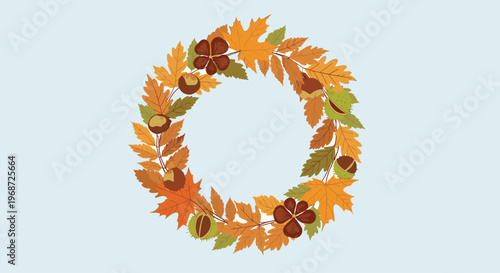 Beautiful circular wreath made of colorful autumn leaves, chestnuts, and acorns, capturing the warm essence of the fall season and harvest.