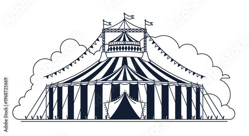Large striped circus tent with flags and clouds in the background, illustrated in a classic navy blue and white line art style for festivals.