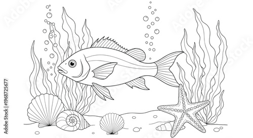Ocean scene coloring page featuring a large fish swimming near the sandy bottom with seashells, seaweed, and bubbles around its marine habitat.