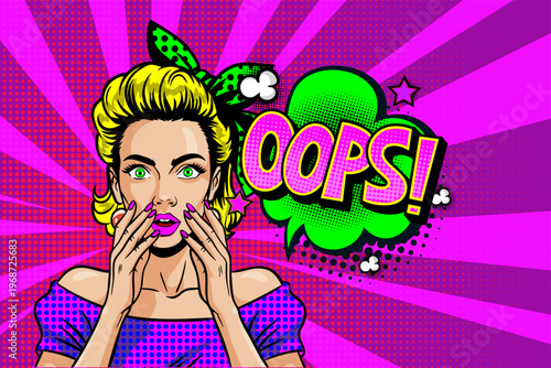 Pop Art Blonde Woman Saying OOPS - Shocked Girl with Hands on Face and Speech Bubble on Purple Sunburst Background