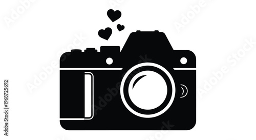 Solid black camera icon featuring three small hearts floating above it, representing a love for photography and capturing special moments.
