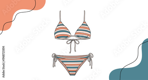 Two piece striped bikini swimsuit in blue and orange colors displayed against an abstract background with wavy shapes and lines.