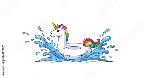 Fun white unicorn pool float with a rainbow mane and tail splashing in bright blue water on a sunny day for summer vacation.