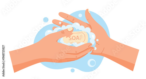 Close up of two hands washing with a bar of soap creating white bubbles and foam against a blue liquid droplet background.