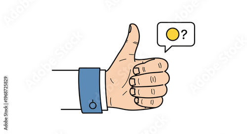 Thumbs up hand gesture showing approval with a speech bubble containing a yellow coin and a question mark for financial inquiry.