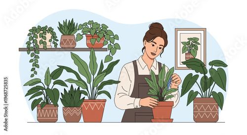 Young woman wearing a brown apron carefully tending to a variety of green indoor potted plants in a bright home or shop setting.