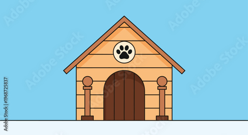 Wooden dog house with a brown entrance and a paw print emblem over the door isolated on a bright blue sky background for pets.