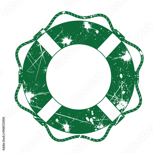 Green distressed lifebuoy with rope and white stripes life preserver