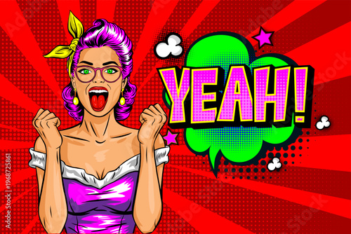 Pop Art Woman with Purple Hair Saying YEAH - Excited Girl with Glasses and Speech Bubble on Red Sunburst Background