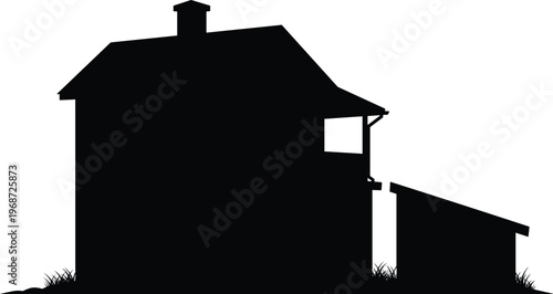 House silhouette with small shed building isolated on white background rural home exterior vector illustration simple residential property design