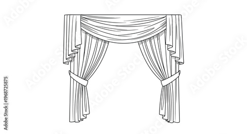 Elegant hand drawn sketch of window curtains featuring a layered valance and classic drapes tied back with decorative bands.