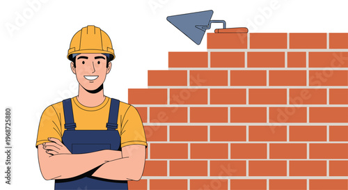 Happy male construction worker wearing a yellow hard hat and overalls standing confidently in front of a new brick wall.