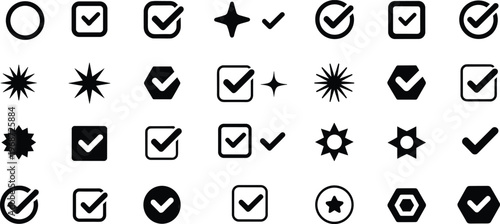 Check mark icon set with ವಿವಿಧ shapes including circle square star and hexagon for survey voting checklist and task completion interface design