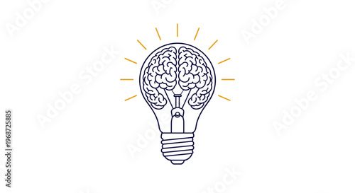 Conceptual illustration of a glowing light bulb with a detailed human brain inside representing a bright idea and creativity.