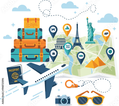 Flat design travel planning elements with landmarks and vacation icons