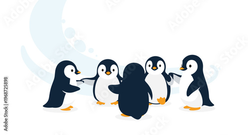 Five adorable penguins standing together in a circle holding flippers on a soft blue background for a theme of friendship.