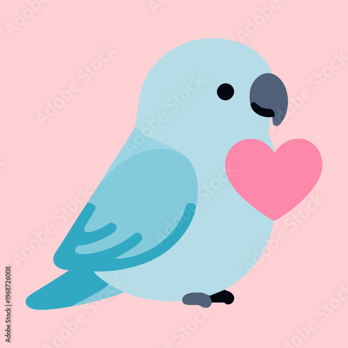 Cute blue parrot holding pink heart