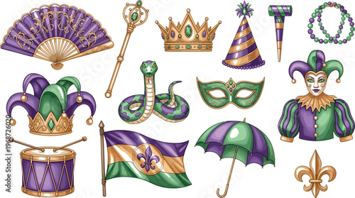 Mardi Gras Celebration Vector Set with Masks, Crowns, Drums, Beads, and Festival Decorations in Purple, Gold, and Green
